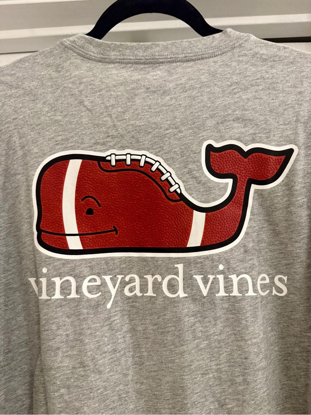 Vineyard Vines Grey Tee with Red Football Whale Logo